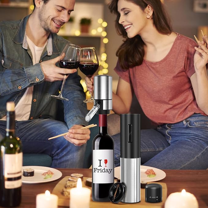 Wine Gifts-Electric Wine Opener and Aerator Set-Wine Dispenser Battery Operated, Rechargeable Wine Bottle Opener & Pourer with Foil Cutter, Vacuum Stoppers,Black Set