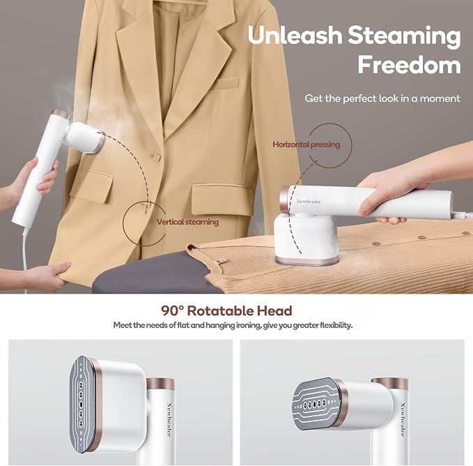 Newbealer Rotatable Steam Iron, 1200W Garment Wrinkle Remover, 120V | 302°F Steamer for Clothes, 2 Steam Levels, Horizontal and Vertical Steaming, Dry Ironing, 15s Heat Up, for Home/Hotel/Laundry