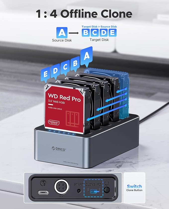 ORICO USB C 5 Bay Hard Drive Cloner/Duplicate Hard Drive Docking Station Aluminum USB 3.2 Gen 1 for 2.5''/3.5'' SSD HDD Up to 20TB-6656C3