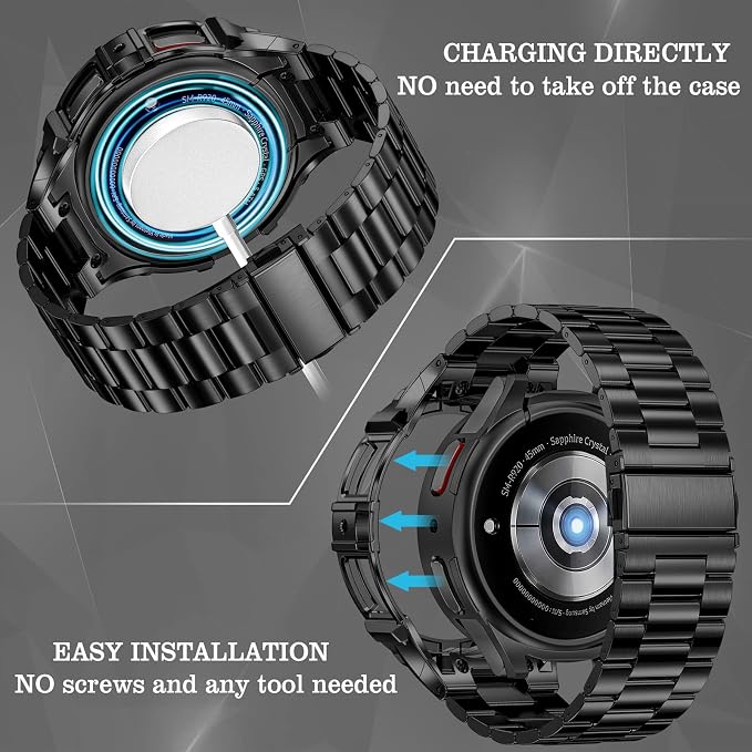 SUPLINK Stainless Steel Case and Band Compatible with Samsung Galaxy Watch 7 Band 44mm, Rugged Protective Case Metal Bands for Galaxy Watch 7 Men,Black