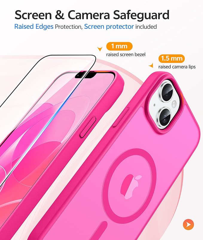 FNTCASE for iPhone 15 Plus Case: for iPhone 14 Plus Case [Compatible with Magsafe] Translucent Matte Cases with [Screen Protector] Military Grade Shockproof Protective Phone Cover - Hot Pink