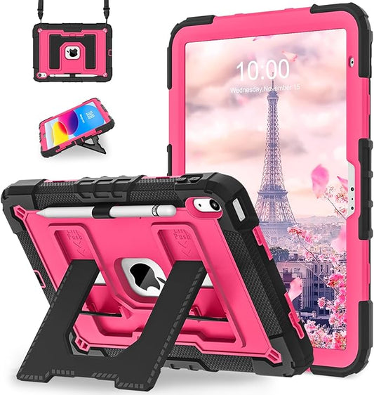 WESOROL Case for iPad A16 11th Generation 11 Inch (2025) iPad 10th Generation 10.9 Inch (2022),i Pad A16 Case Military Grade Shockproof Cases with Pencil Holder Shoulder Strap,Black Pink