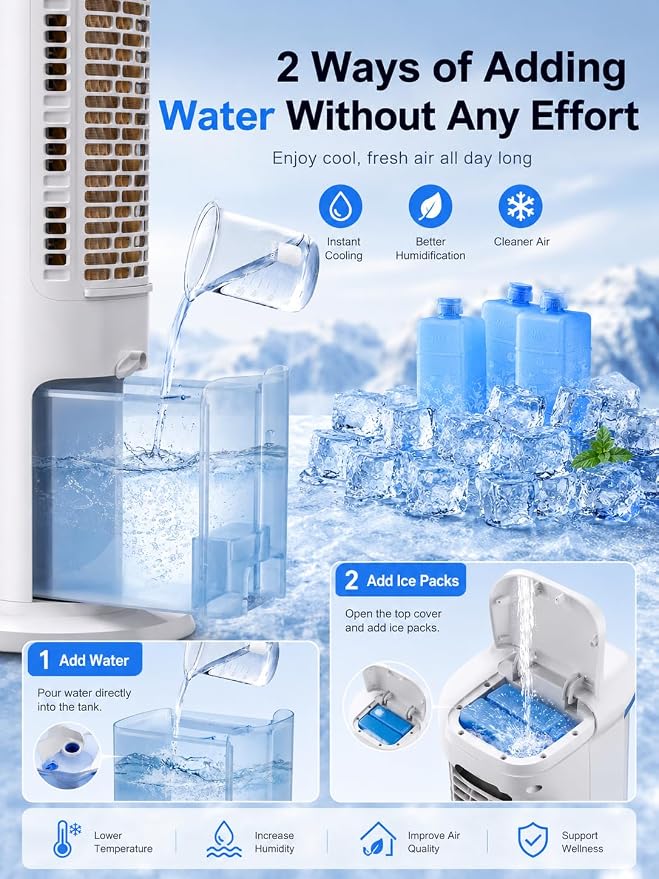 Uthfy 41 Inch Portable Air Conditioners, 3-in-1 Swamp Cooler Air Conditioner with 120° Oscillation, 4 Modes, 3 Speeds,4L Water Tank,4 Ice Packs, Cooling Fans that Blow Cold Air with Remote