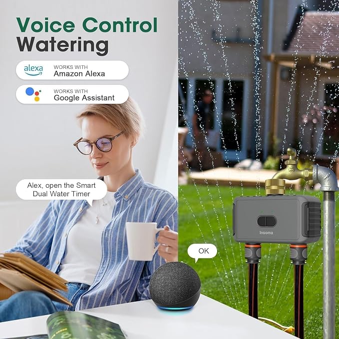 Smart Garden Water Hose Timer with 2 Outlet, Automatic Irrigation System Controller Sprinkler Timer for Lawns and Yard, Compatible with Alexa