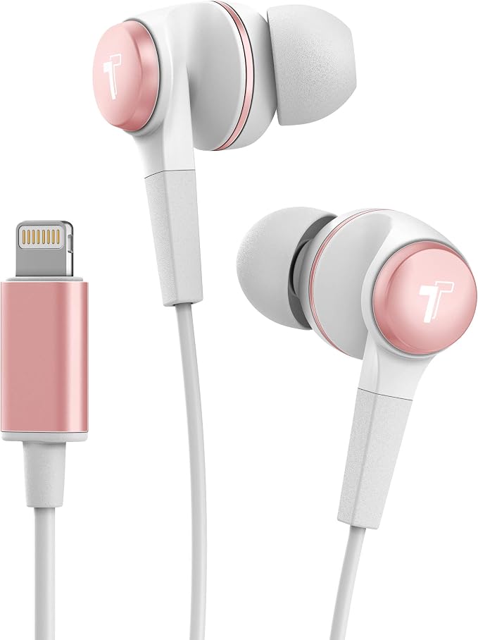 Thore iPhone Earphones (Apple MFi Certified) V120 in Ear Wired Lightning Earbuds (Sweat/Water Resistant) Headphones with Mic/Volume Remote for iPhone 12/13/14 Pro Max - Rose Gold