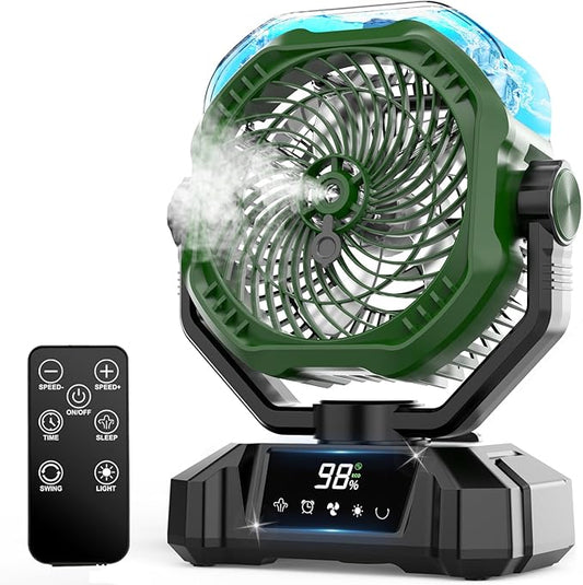 COZII Misting Fan Portable, 20000mAh Camping Fan Rechargeable with Mist - Mister with 360ml Water Tank, Touch Screen, 5 Speeds, 3 Colors LED Lantern, 8 Timing, for Tents, Travel, Beach, Home, Outdoor