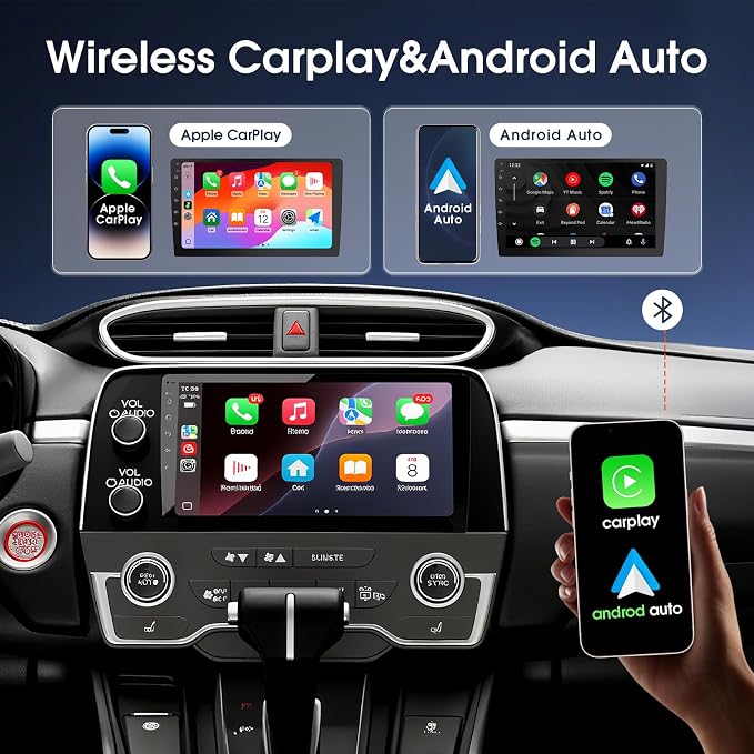 Haudio 10.1" Wireless Double Din Car Stereo with Bluetooth, Wireless CarPlay and Android Auto, Backup Camera, GPS Navigation, Free APK Download and Deletion, FM, Voice Control, Mirror Link