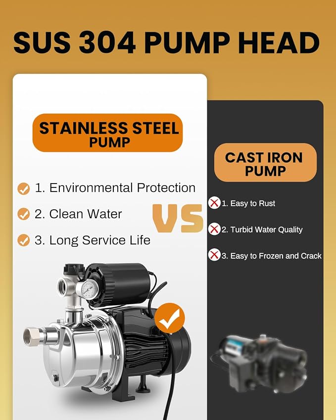 3/4 HP Shallow Well Booster Pump with Pressure Tank 1050GPH Auto ON/OFF Water Pressure Booster Self-Priming Stainless Steel Automatic Booster System for Whole House, Garden, Lawn