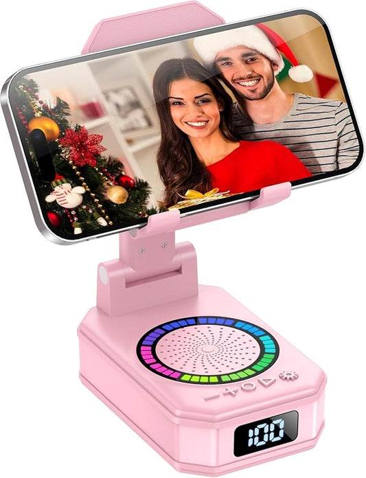 Cell Phone Stand with Wireless Bluetooth Speaker and 8 RGB Ambient Light, Anti-Slip Base HD Surround Sound, Rechargeable Home and Outdoors Bluetooth Speaker Gifts for Women Pink