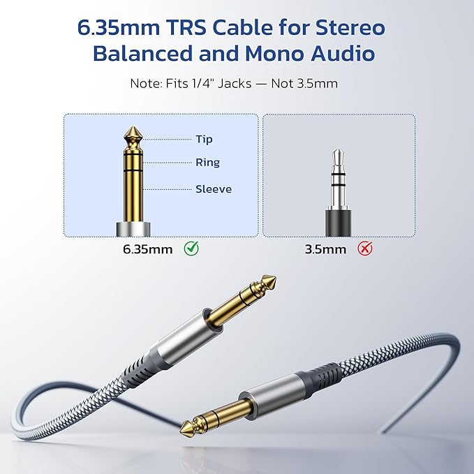 RUXELY 6.35mm TRS Instrument Cable 1M 2-Pack,Straight 1/4 Inch Male Jack Stereo Audio Interconnect Cord,Balanced Lead Line for Electric Guitar,Bass,Keyboard,Mixer,Amplifier,Amp,Speaker,Equalizer