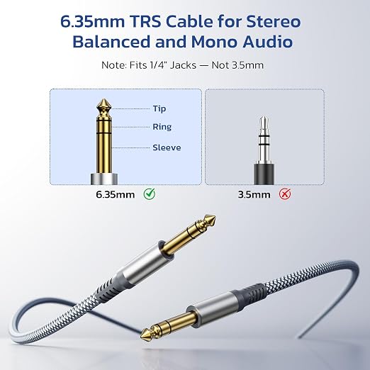 RUXELY 6.35mm TRS Instrument Cable 10FT 2Pack,Right Angle 90Degree 1/4 Inch Male Jack Stereo Audio Cord,6.35 Balanced Line Lead for Electric Guitar,Bass,Keyboard,Mixer,Amplifier/AMP,Speaker,Equalizer