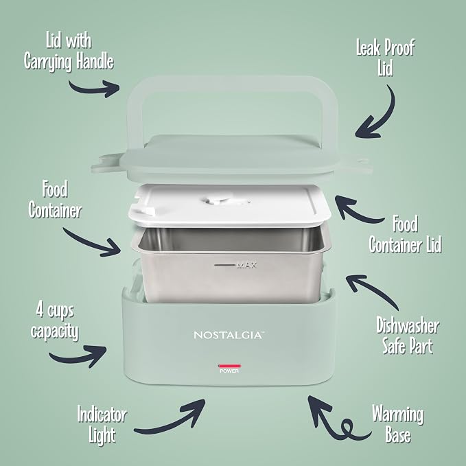 Nostalgia 32-Ounce Heated Electric Lunch Box – Travel Size 4 Cup Capacity for Soup, Pasta, and Leftovers – Leak-Proof Silicone Sealed Lid, Foldable Carry Handle, Detachable Cord – Sage