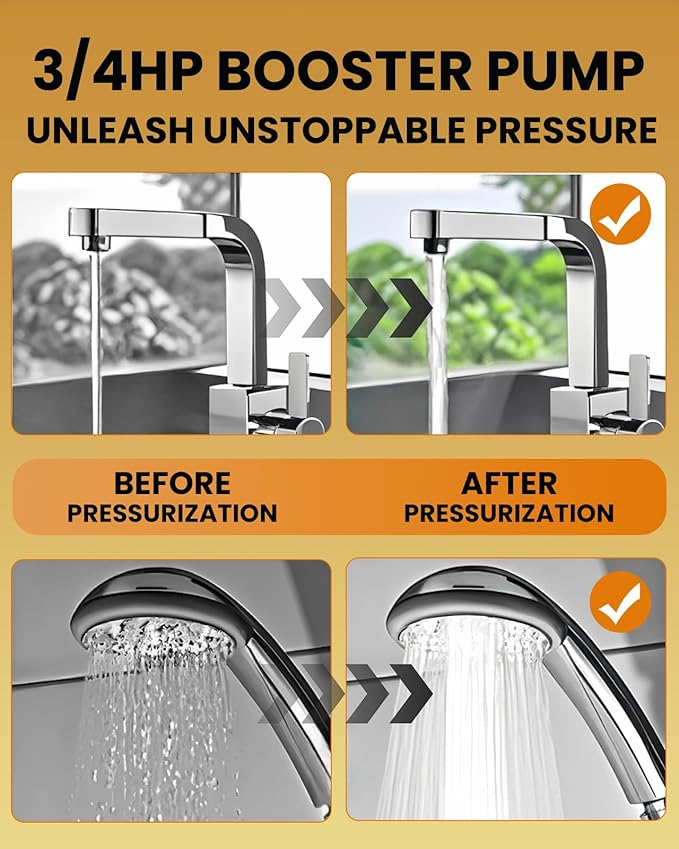 3/4 HP Shallow Well Booster Pump with Pressure Tank 1050GPH Auto ON/OFF Water Pressure Booster Self-Priming Stainless Steel Automatic Booster System for Whole House, Garden, Lawn