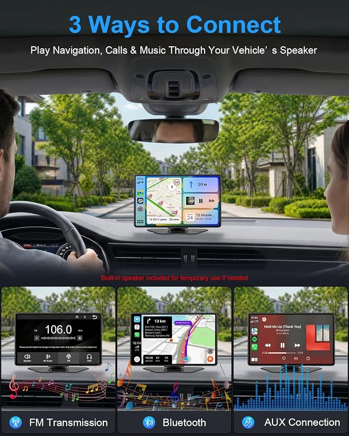 CarPlay Screen for Car, 9" Wireless Apple CarPlay & Android Auto with 1080P Backup Camera, Night Vision, GPS Navigation, Mirror Link, Voice Control, Bluetooth/FM/AUX Audio, Plug & Play Dashboard Mount