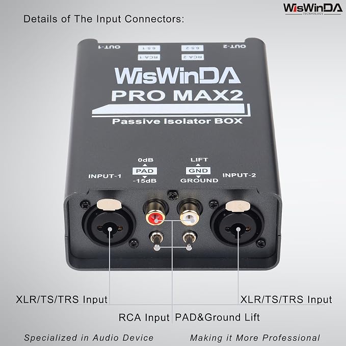 Pro Max2 2Channels XLR/RCA/TS/TRS Passive Hum Eliminator Box for Audio Equipments Ground Loop Isolator Noise Filter for Different Audio Systems Using (WDISO-Pro Max2)
