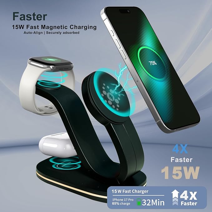 Wireless Charging Station, 2026 Upgraded Fast 15W 4-in-1 Charger Station for iPhone 17/16/15/14/13/12 Series, Watch Airpods 1-8/Ultra, iPad, AirPods, 35W Charger Included White
