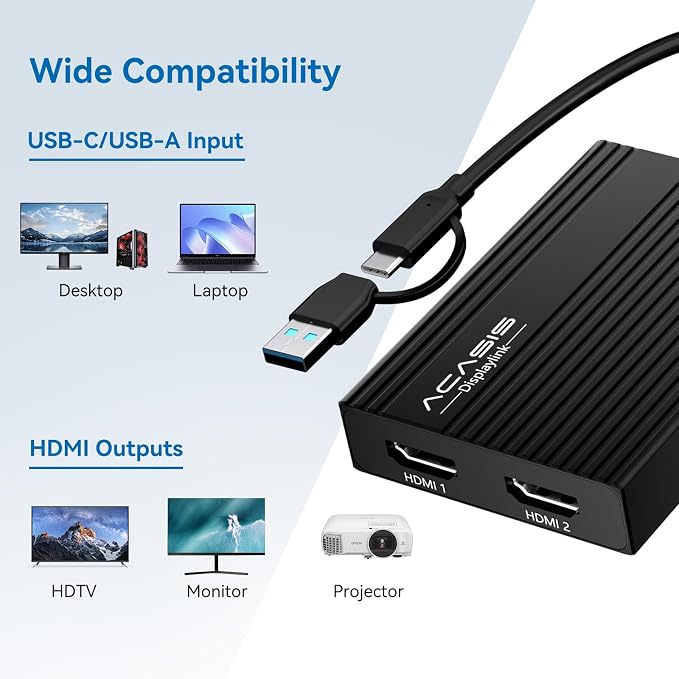 ACASIS USB C to Dual HDMI DisplayLink Adapter, 4K@60Hz, 2 HDMI & 3 USB-A Ports, 100W PD Charging, USB C DisplayLink Docking Station for Mac M1/M2/M3/Windows,USB A/C to Dual Monitor Adapter (Black)