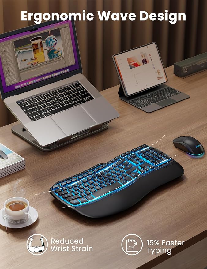 SABLUTE Ergonomic Wireless Keyboard and Mouse Combo, Rechargeable 4000mAh Backlit Keyboard with Soft Faux Lambskin Palm Rest, Wave Keys for Natural Typing, Compatible with Windows/Mac/Chrome OS