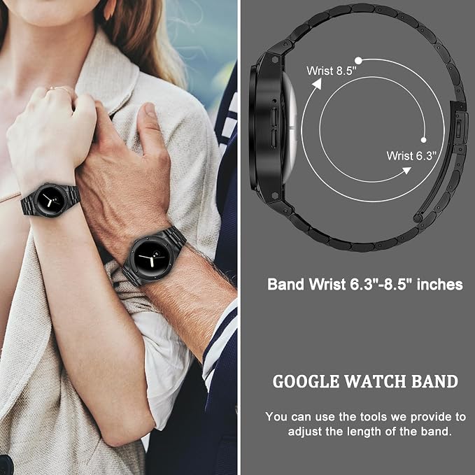 SUPLINK Stainless Steel Case and Bands Compatible with Google Pixel Watch 2 Band/Pixel Watch Band for Men, Adjustable Metal Strap Rugged Protective Case Bumper for Pixel Watch 3 41mm, Black