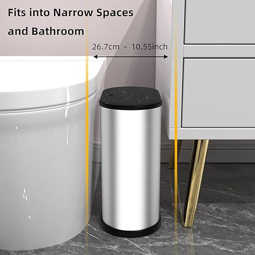 KSSKSS 1.8 Gallons Small Stainless Steel Trash Can with Press Type Lid, Slim Bathroom Garbage Bin, Removable Liner Bucket, Dog Proof Narrow Wastebasket with Pop-Up Lid for Bedroom,Toilet (Silver)