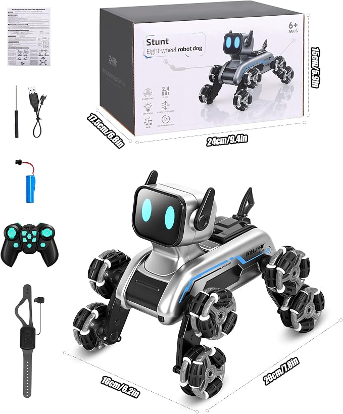 HuiJuKeJi Interactive Robot Dog RC Stunt Car, Gesture Sensing & 2.4Ghz Remote Control Cars, Mecanum Wheels, LED Eyes with Music, Rechargeable for Extended Indoor/Outdoor Fun, Gift for Kids 6-12