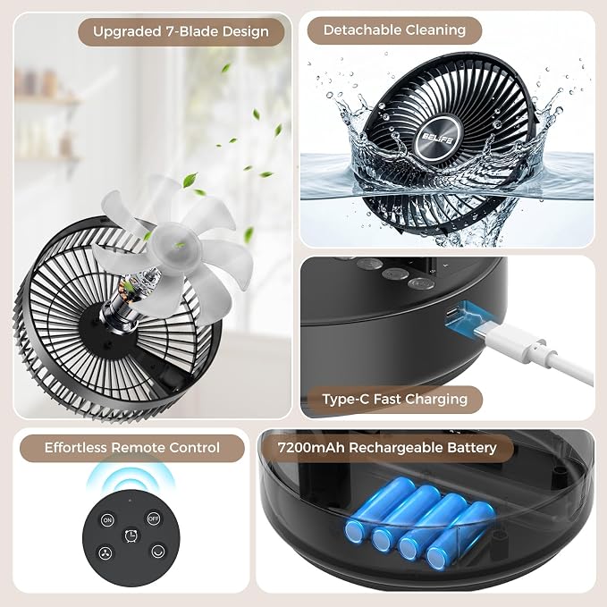 Belife X8 Plus Portable Oscillating Fan, 8'' 7200mAh Rechargeable Battery Powered Operated USB Fan with Remote, Cordless Quiet Standing Foldable Floor Table Fan for Camping Travel Cruise Bedroom