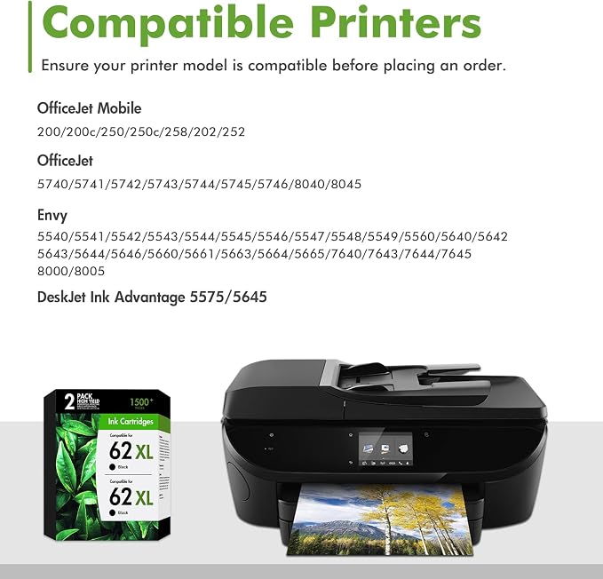 62XL Ink Cartridges Black Replacement for HP 62 62 XL Black Ink Cartridge Work for Envy 7640 5660 7645 5540 5544 5545 5664 OfficeJet 200 250 250 5740 5745 8040 Series Black (2-Pack)