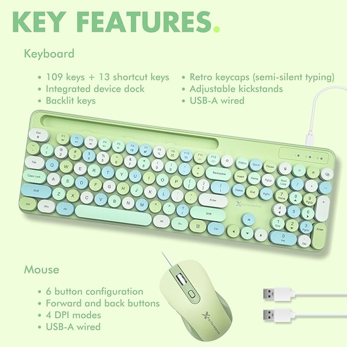 X9 Wired Keyboard and Mouse Combo - Retro Typewriter Keyboard with Round Keycaps, Soft White Backlight, Phone Dock, 109 Full-Size Keys, Cute Wired Green Keyboard and Mouse for Laptop, PC & Chromebook