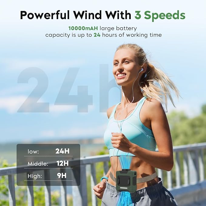LOUISWARE Portable Waist Fan 10000mAh Rechargeable Waist Clip Fan 18000RPM With Max 12H Working Time 3-speed adjustment with LED flashlight Portable Fan for Outdoor Jobsite and etc