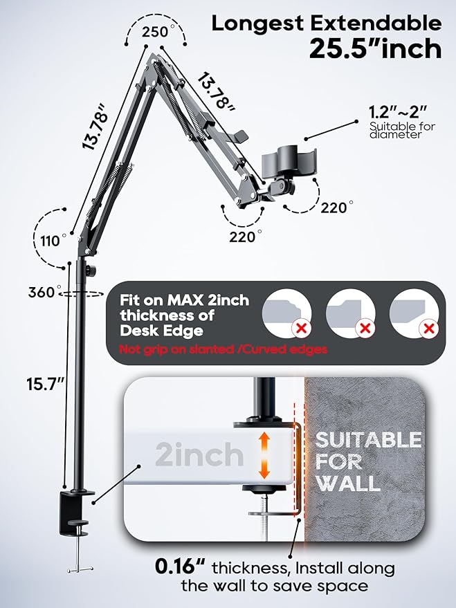 M05 Boom Arm, 360° Rotatable Microphone Stand with Desk Mount (White (Overhead))