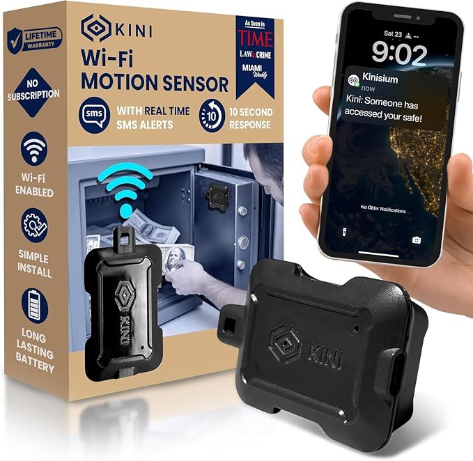 Kini Safe Alert Wi-Fi Motion Sensor Alarm - Instant App, SMS & Email Alerts - Gun Safes, Cabinets, Drawers - Easy Install, No Subscription, Rechargeable 12-18 Month Battery, IFTTT, USA-Made