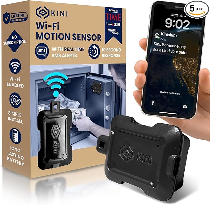 Kini Safe Alert Wi-Fi Motion Sensor Alarm - Real-Time App, SMS & Email Alerts - Gun Safes, Cabinets, Drawers - Easy Install, No Subscription, Rechargeable 12-18 Month Battery, IFTTT, USA-Made