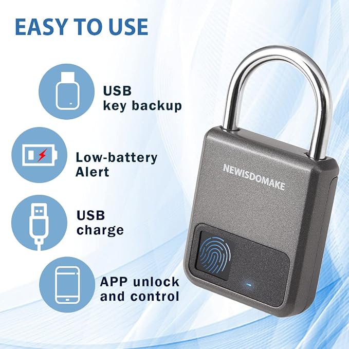 Fingerprint Padlock, Smart Padlock with Fingerprint or Remote Authorized Unlock, Biometric Lock Suitable for Luggage, Bookcase, Suitcase, Backpack, Bike, School Locker, Gym Locker Lock(Gray)