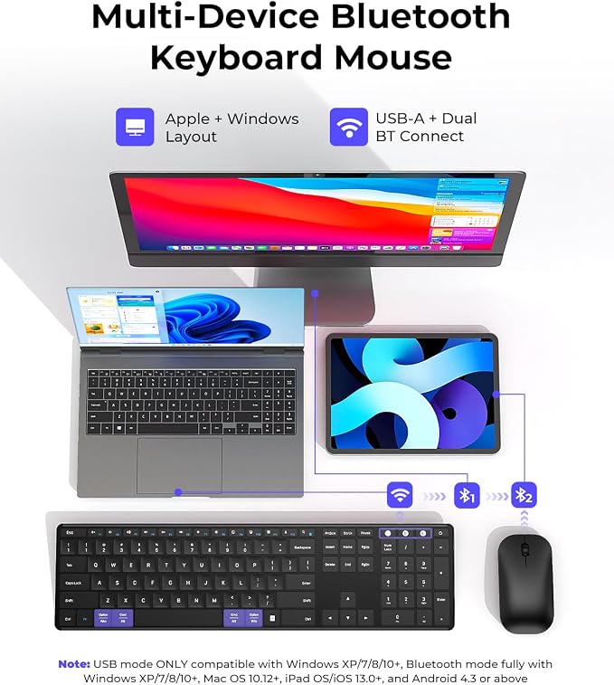 seenda Wireless Bluetooth Keyboard and Mouse Combo, SKM64-3 Rechargeable Slim Quiet Keyboard Mouse, 3 Multi-Device Connection, Compatible for Windows 11/10 PC Laptop Mac MacBook iPad, Black