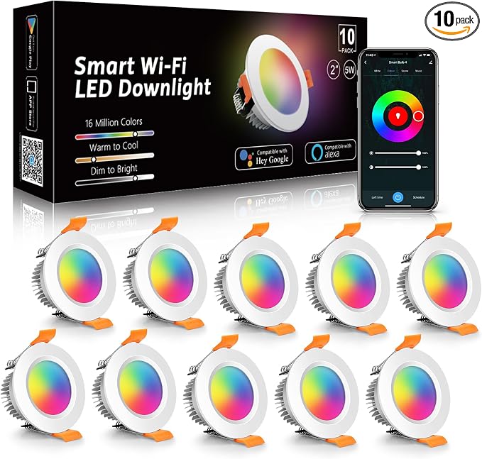 LightingWill 2 Inch LED Recessed Lighting, Smart WiFi LED Downlight, 5W Ceiling Light Compatible with Alexa/Google Assistant, Dimmable RGB & 2700K-6500K, 120V with Driver (10 Pack)
