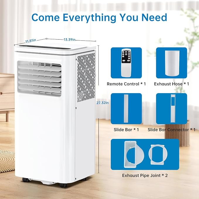 Portable Air Conditioner, 8000 BTUs 3-IN-1 Quiet AC Unit with Remote Control, Portable Air Conditioner Built-in Dehumidifier, Fan, Auto, Sleep Modes, Exhaust Hose & Window Kit, White