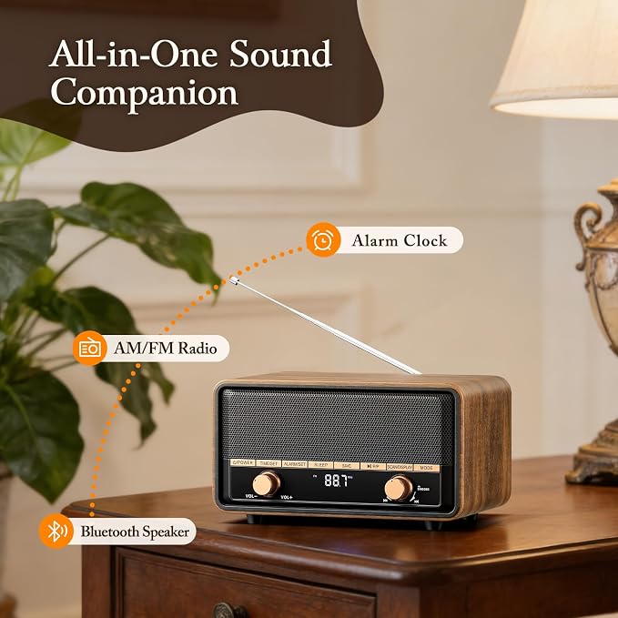Vintage Wooden AM FM Radio with Bluetooth, Digital Clock Radio for Bedroom with 80 Station Presets, Tap to Snooze, Sleep Timer, Clear LCD Display for Home Office (Deep Walnut)