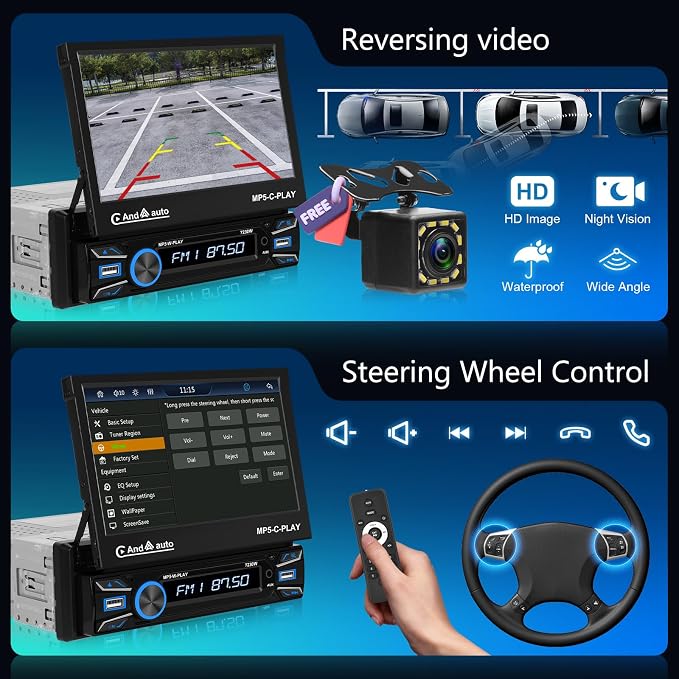 [Automatic] Single Din Flip Out Car Stereo Wireless Carplay Android Auto-7 Inch Touch Screen Radio-USB/TF/AUX in, Mirror Link,FM Radio,Bluetooth, Backup Camera