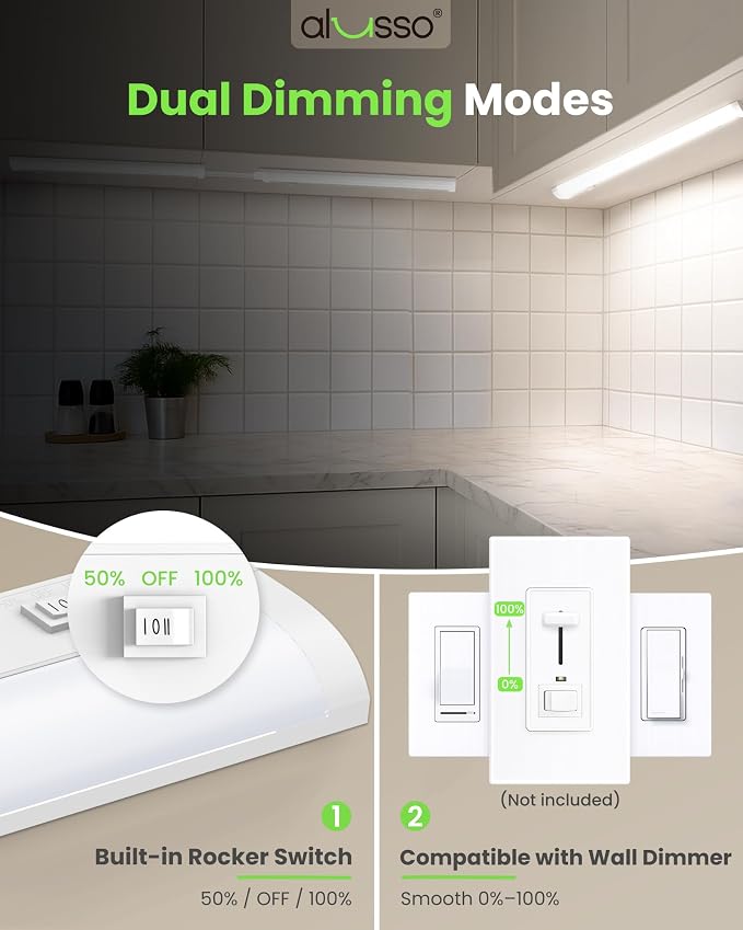 ALUSSO 18 Inch LED Under Cabinet Lighting Hardwired 120V, 5CCT Color Selectable 2700K-5000K Dimmable 10W 800LM High Brightness, CRI 90+ Strip Linkable Under Counter Lights for Kitchen Sink, 1 Pack