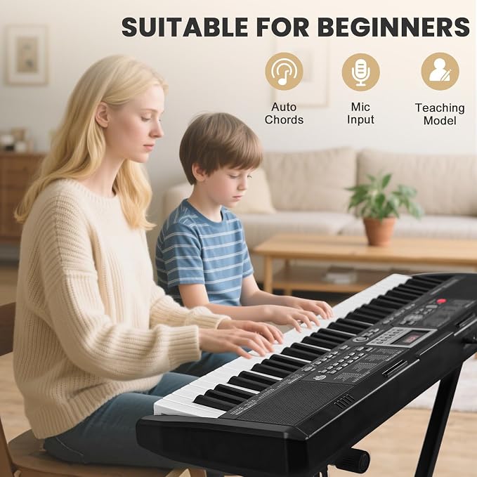 33" 61-Key Electronic Keyboard Piano for Beginners with 200 Tones & Rhythms, Microphone, Learning Features, and Piano Note Stickers, Digital Music Keyboard for Adults