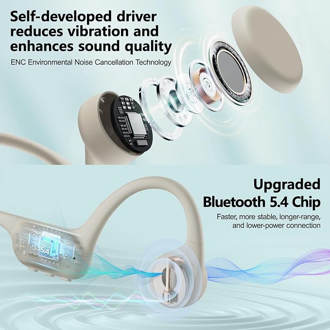 Bone Conduction Headphones IPX8 Waterproof Swimming Headphones Open Ear Headphones with MP3 Mode 32GB Memory 8H Playtime Bluetooth 5.4 Ear Buds Secure Fit for Running and Fitness (Apricot)