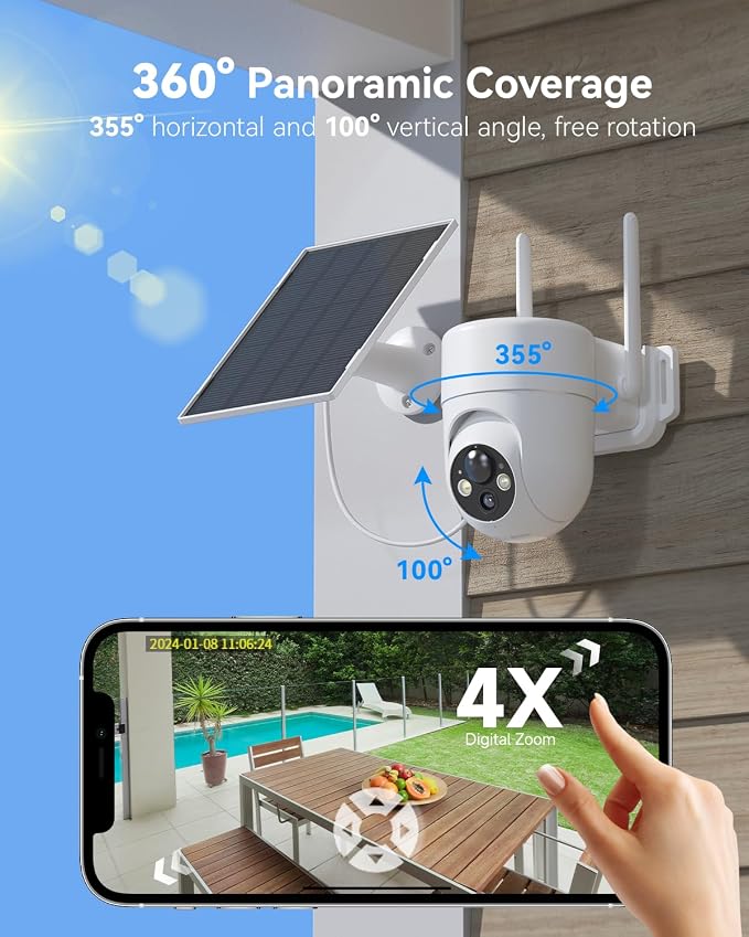 LIWAN Solar Camera Outdoor Wireless, 2.4G WiFi Security Cameras for Home Security, Surveillance Camera Outside with Solar Panel, 2K Color Night Vision, 360°PTZ, PIR Detection, 2-Way Talk