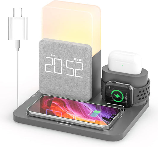 Wireless Charging Station, 3 in 1 Charging Station, Alarm Clock with Wireless Charger, Night Light, iPhone 12/13/14/15/16 Pro/13 Mini/13 Pro Max/12 pro, AirPods