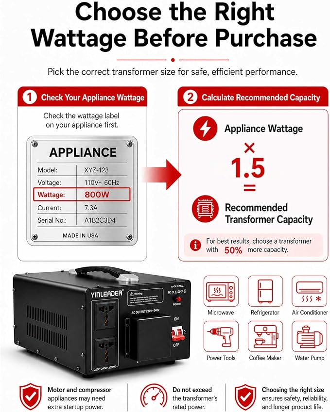 Yinleader 6000W PRO Step Up Transformer, Hardwire Connection Only AC 110-120V to 220-240V High Capacity Voltage Converter, Circuit Breaker Safe Protection for EV Charging(excludes Cable)