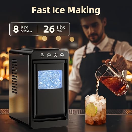 Antarctic Star Ice Maker, Portable Ice Machine with Self-Cleaning Function, 8 Cubes in 6 Mins Fast Countertop Ice Making, Compact Ice Maker for Home, Kitchen, RV, Travel, Black