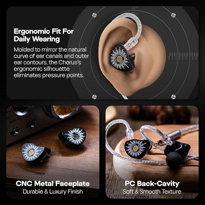 Linsoul Kiwi Ears x B_Media: Chorus in Ear Monitor,DLC Diaphragm Dynamic Driver Wired Earbuds CNC Metal Faceplate IEM,with Dual Silver-Plated Cable,Earphones for Audiophile (1, Black, 3.5mm with Mic)