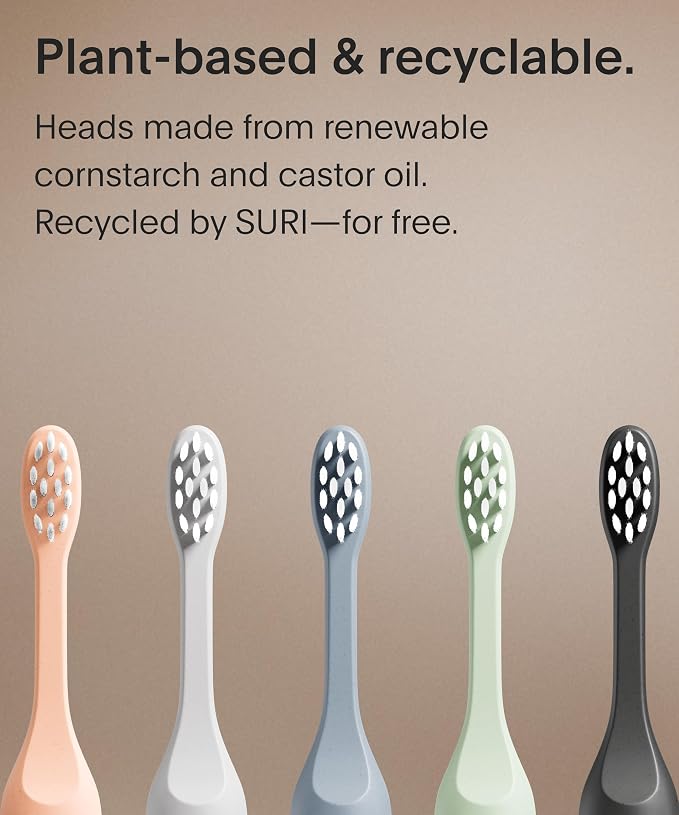 SURI Recyclable Plant-Based, Electric Toothbrush Heads - Long Lasting Replacement Heads | Compatible Only Sonic Electric Toothbrush - Midnight Black, Pack of 3
