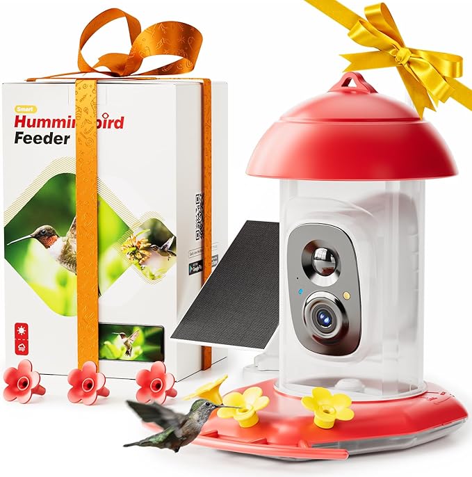 LongPlus® Hummingbird Feeder with Camera for Outdoors Solar Powered,Smart Bird Camera with 2K Live Video,Ant Guard Base,AI Identify Bird Species,Ant Moat,Bee Proof with 3 Feeding Ports,Gifts Ideal