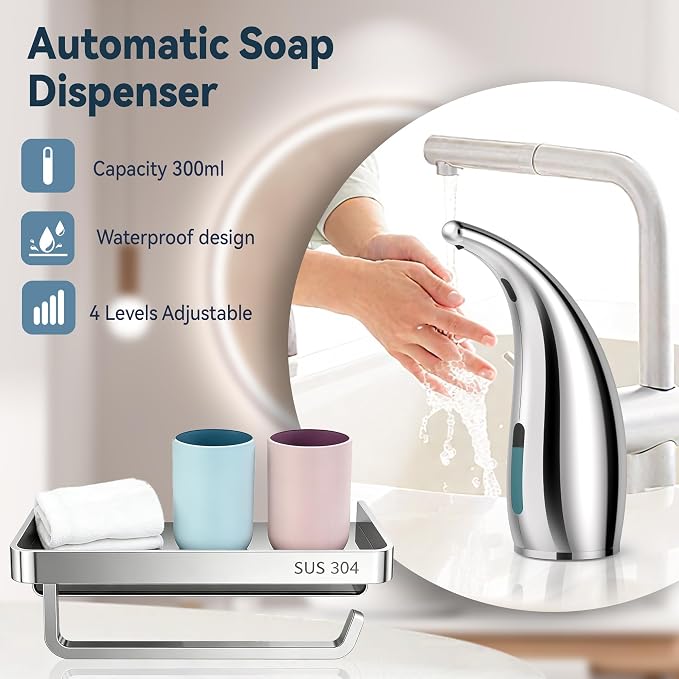 Automatic Soap Dispenser with Infrared Sensor,Adjustable 4-Level Touchless Hand Soap for Kitchen, Bathroom-Battery Operated Electric Dispenser, Durable Plastic, Smart Soap Holder & Toilet Paper Holder