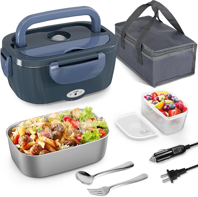 Vingud Electric Lunch Box for Adults, Heated Lunch Box Food Warmer, 80W Portable Heating Lunchbox for Work/Car/Truck, 12/24/110V Lonchera Eléctrica Portátil Christmas White Elephant Gifts, Blue Gray